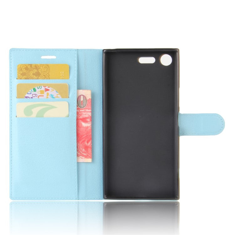 Litchi Skin Leather Stand Cover with Card Slots for Sony Xperia XZ Premium Wallet Design Phone Case - Baby Blue