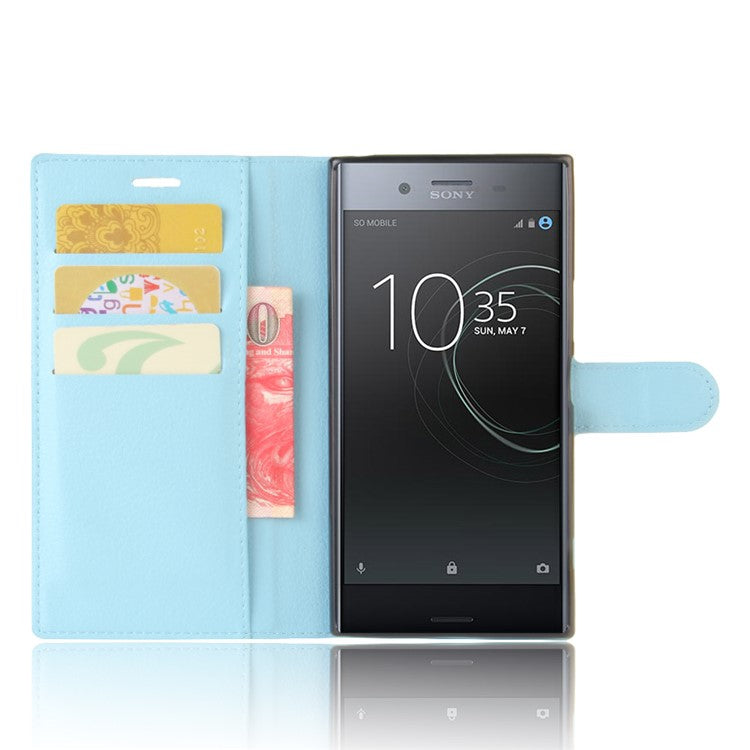 Litchi Skin Leather Stand Cover with Card Slots for Sony Xperia XZ Premium Wallet Design Phone Case - Baby Blue