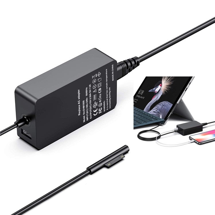 44W 15V 2.58A Power Adapter Charger with USB Charging Port for Microsoft Surface Pro 6/5/4/3 etc. - EU Plug