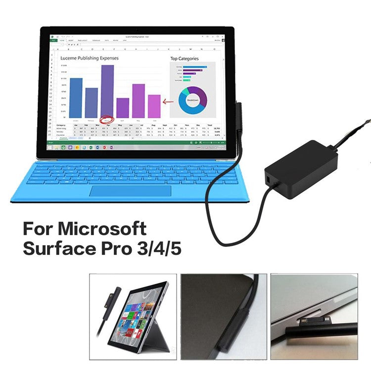 15V 4A Power Charger Adapter for Microsoft Pro 5/4/3, Surface Book 2017/1706/1800/1735/1736 - EU Plug