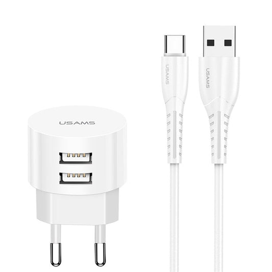 USAMS Dual Ports USB Round Travel Charger + Type-C Data Sync Charging Cable for Huawei Samsung - EU Plug