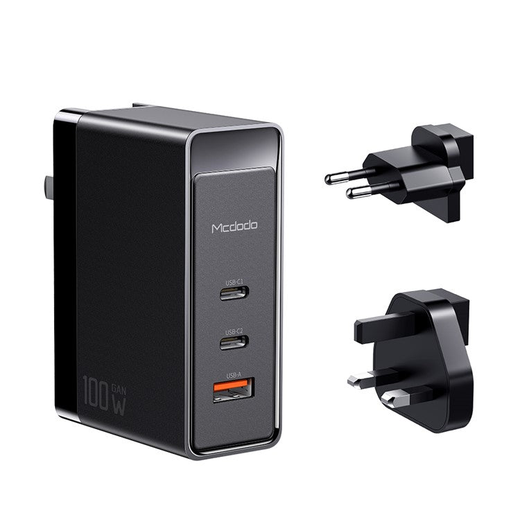 MCDODO CH-810 Pro 100W GaN Wall Charger Dual Type-C + USB Portable CN Plug Mini Travel Charger [with EU/UK Plug] - Black