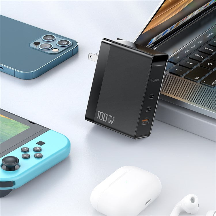 MCDODO CH-810 Pro 100W GaN Wall Charger Dual Type-C + USB Portable CN Plug Mini Travel Charger [with EU/UK Plug] - Black