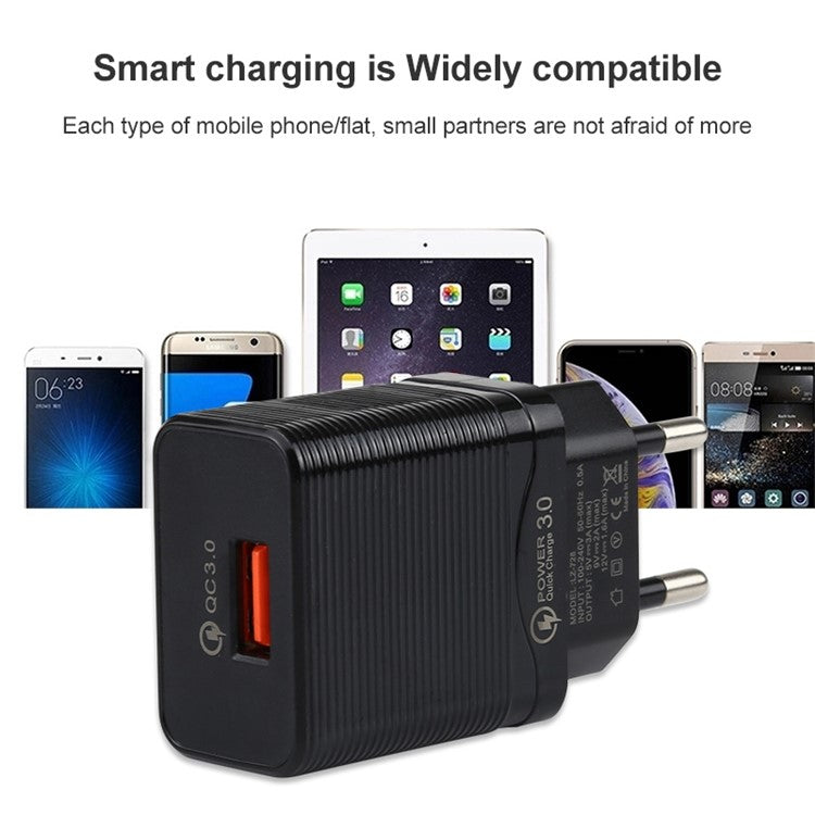 LZ-728 Quick Charger 18W [EU Plug] Travel Charger + USB to Type-C Data Cable, Length: 1m - Black