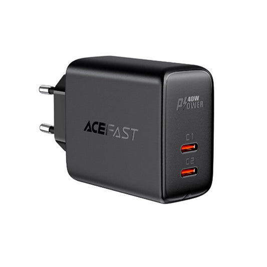 ACEFAST A9 PD40W USB C+C Dual Port Wall Charger Travel Charging Block Power Adapter EU Plug - Black