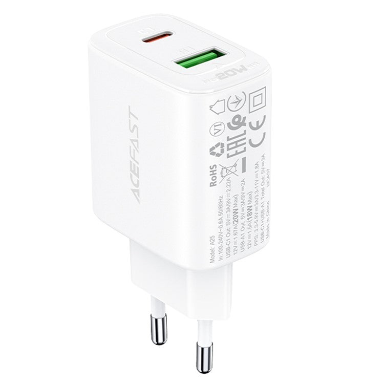 ACEFAST A25 PD 20W USB-A + Type-C Dual Port Charger for iPhone iPad Samsung - EU Plug