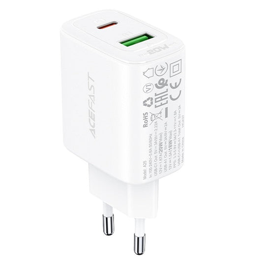 ACEFAST A25 PD 20W USB-A + Type-C Dual Port Charger for iPhone iPad Samsung - EU Plug