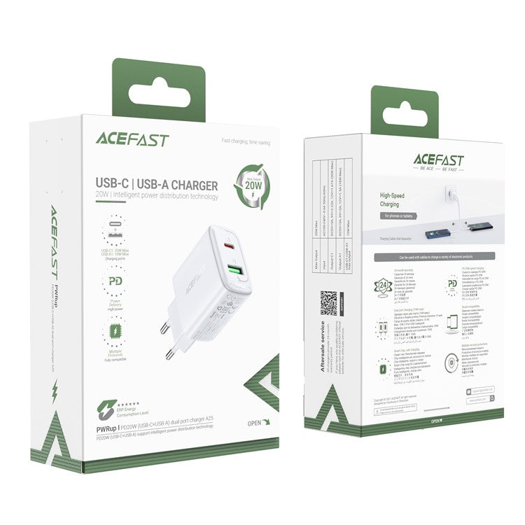 ACEFAST A25 PD 20W USB-A + Type-C Dual Port Charger for iPhone iPad Samsung - EU Plug