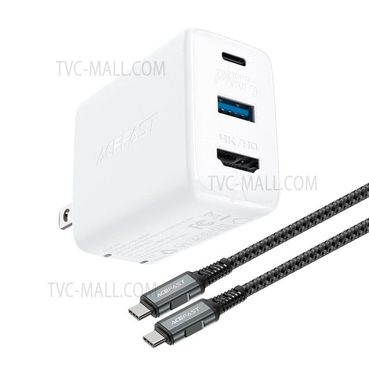 ACEFAST A19 Portable 65W GaN Charger with Cable USB-A + Type-C + HDMI 3-port Power Adapter Hub, US Plug - White