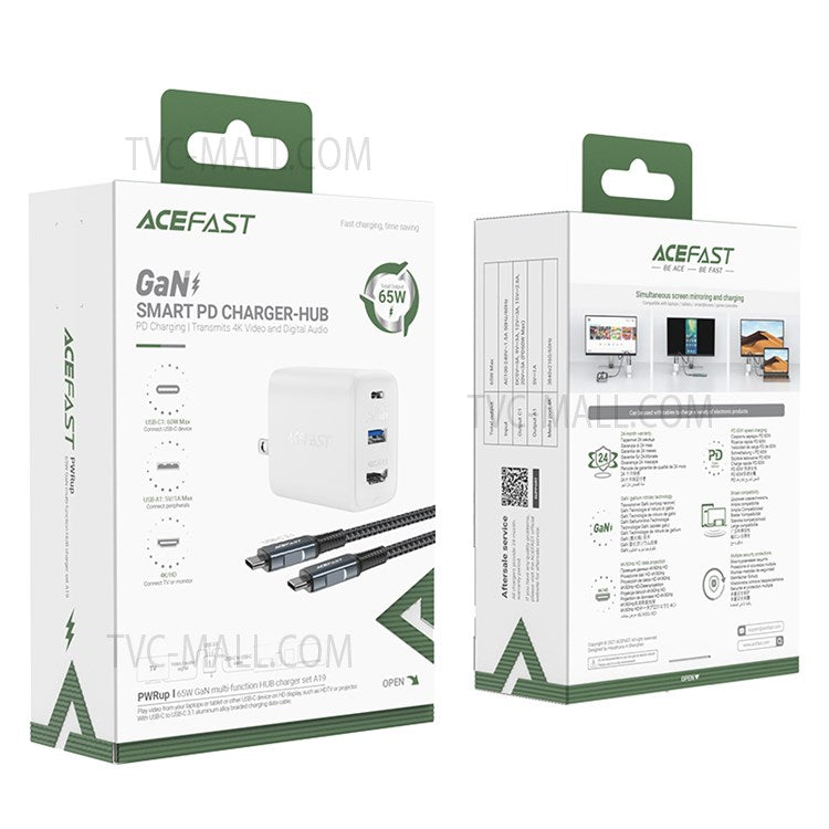 ACEFAST A19 Portable 65W GaN Charger with Cable USB-A + Type-C + HDMI 3-port Power Adapter Hub, US Plug - White