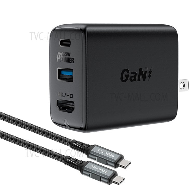 ACEFAST A19 Portable 65W GaN Charger with Cable USB-A + Type-C + HDMI 3-port Power Adapter Hub, US Plug - Black