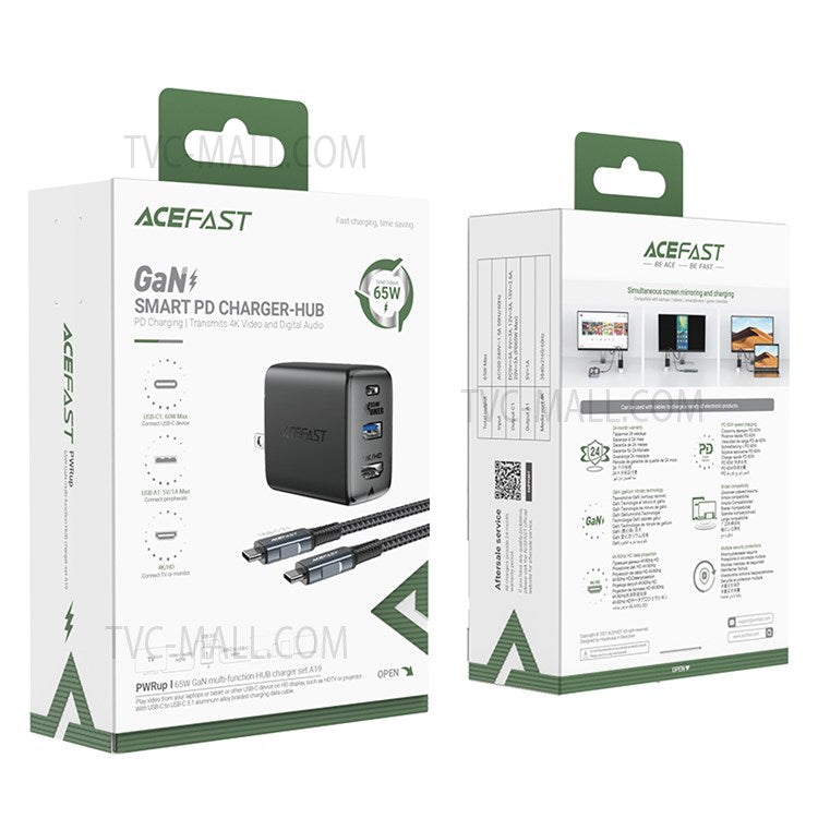 ACEFAST A19 Portable 65W GaN Charger with Cable USB-A + Type-C + HDMI 3-port Power Adapter Hub, US Plug - Black