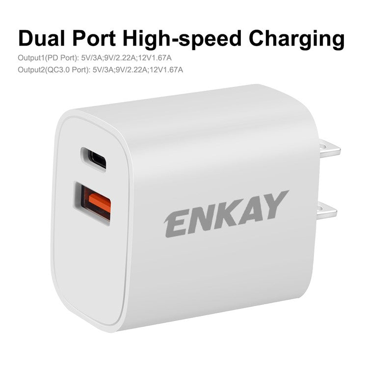 ENKAY HAT PRINCE PD 20W+QC 3.0 Type C USB Dual Ports Wall Charger Charging Block Adapter - US Plug