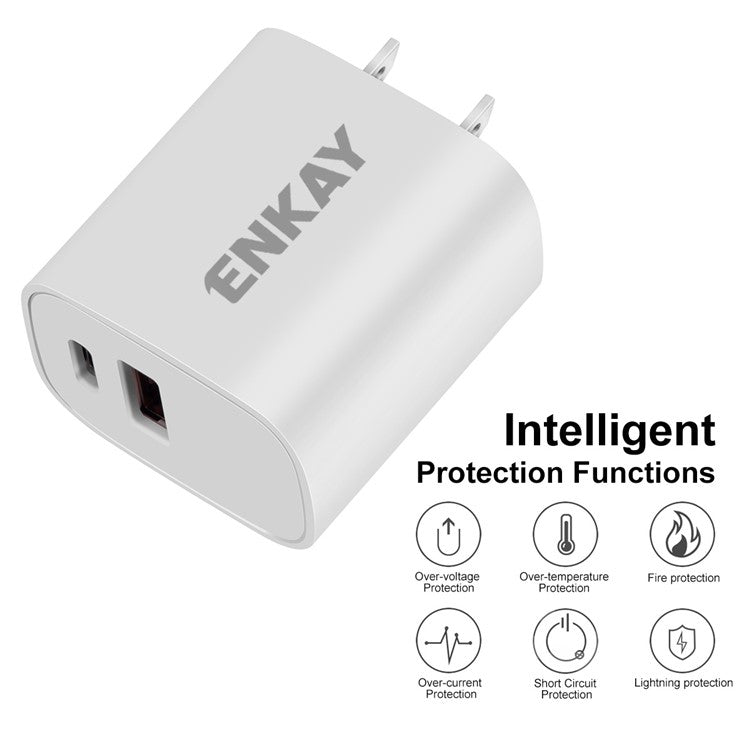 ENKAY HAT PRINCE Portable PD 33W+QC 3.0 Type C USB 2-port Wall Charger Block Travel Power Adapter - US Plug