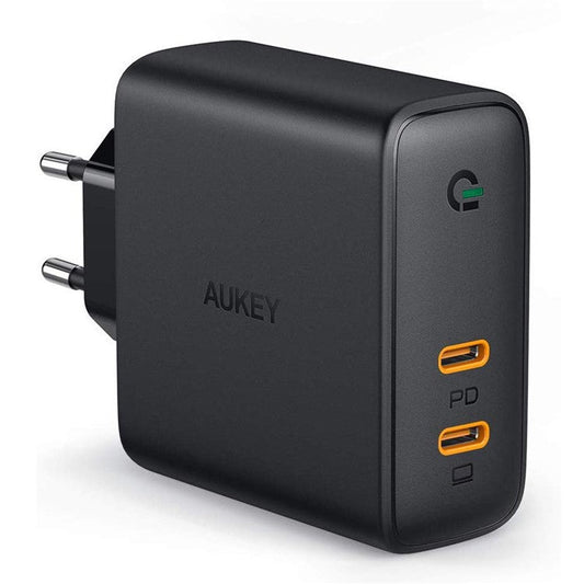 AUKEY PA-D5 Type-C Dual Port Charging Block PD 63W Wall Charger Fast Charging Power Adapter, EU Plug/Black