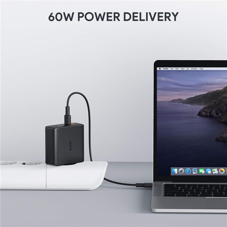 AUKEY PA-D5 Type-C Dual Port Charging Block PD 63W Wall Charger Fast Charging Power Adapter, EU Plug/Black