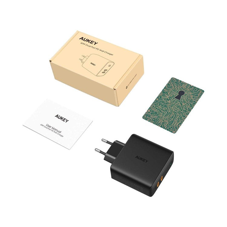 AUKEY PA-D5 Type-C Dual Port Charging Block PD 63W Wall Charger Fast Charging Power Adapter, EU Plug/Black