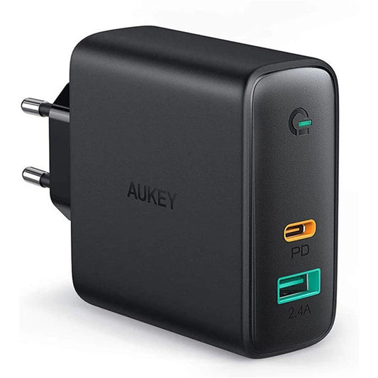 AUKEY PA-D3 USB + Type-C Dual Port PD 60W Fast Charging Power Adapter Portable Wall Charger for iPhone MacBook, EU Plug/Black