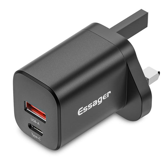 ESSAGER JT-TP74C1U1 Dual Port PD+QC 30W Charger Type-C + USB-A Wall Charger Adapter Mini Fast Charger Block for Cell Phones (UK Plug) - Black