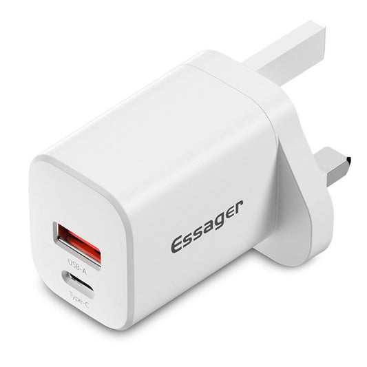 ESSAGER JT-TP74C1U1 Dual Port PD+QC 30W Charger Type-C + USB-A Wall Charger Adapter Mini Fast Charger Block for Cell Phones (UK Plug) - White