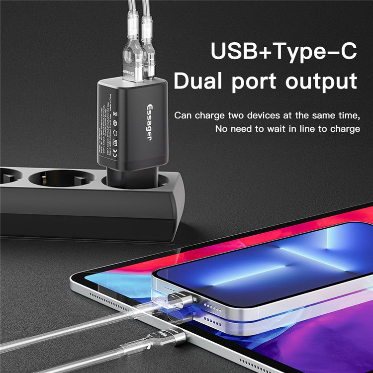 ESSAGER Type-C PD + USB-A QC3.0 30W Dual Ports Fast Charging Wall Charger Phone Charging Adapter - Black/US Plug