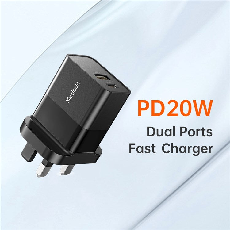 MCDODO CH-130 PD 20W Fast Charging Adapter USB+Type-C Dual Port Wall Charger - Black/UK Plug