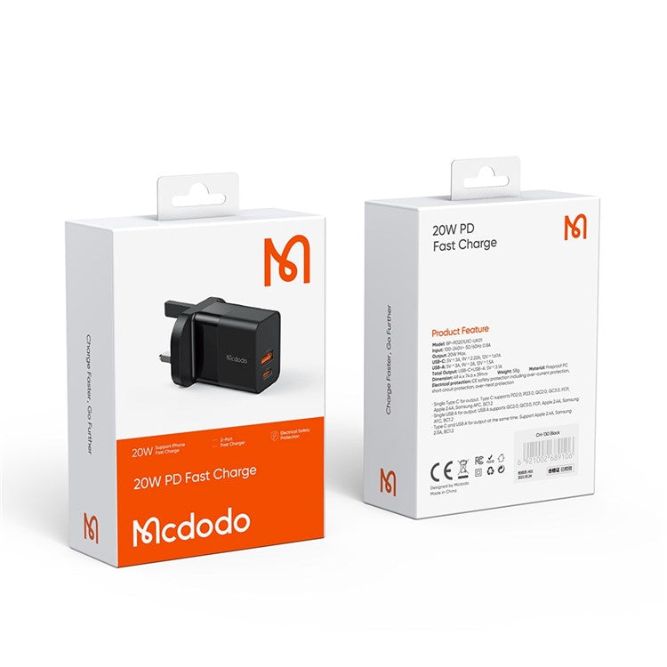 MCDODO CH-130 PD 20W Fast Charging Adapter USB+Type-C Dual Port Wall Charger - Black/UK Plug