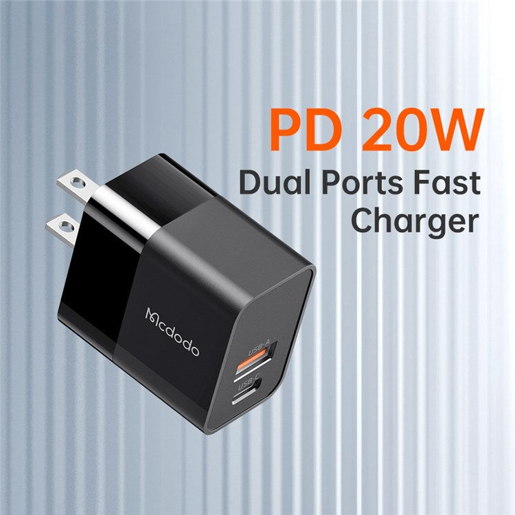 MCDODO CH-130 PD 20W Fast Charging Adapter USB+Type-C Dual Port Wall Charger - Black/US Plug