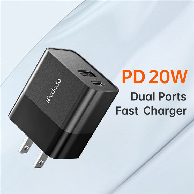 MCDODO CH-130 PD 20W Fast Charging Adapter USB+Type-C Dual Port Wall Charger - Black/US Plug