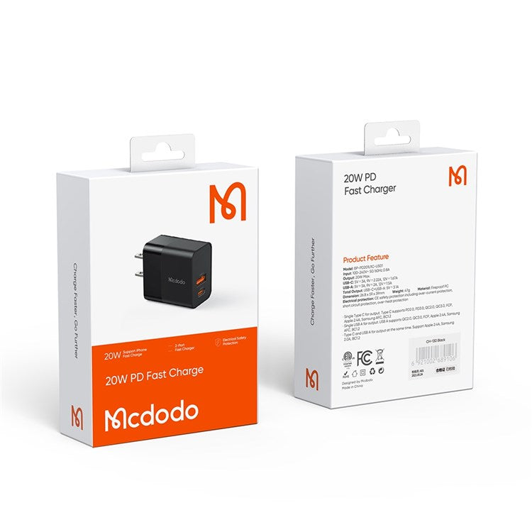 MCDODO CH-130 PD 20W Fast Charging Adapter USB+Type-C Dual Port Wall Charger - Black/US Plug