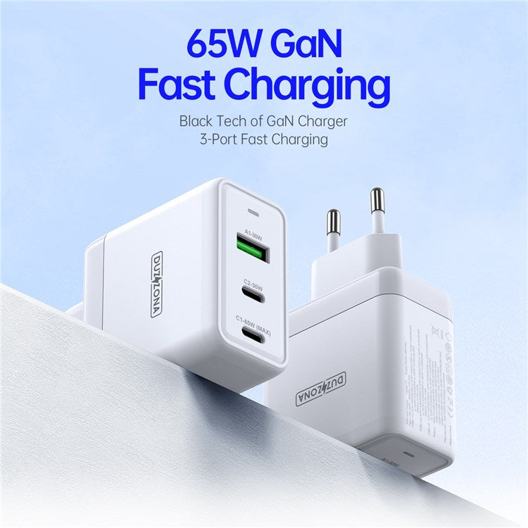 DUZZONA T1 2x Type-C + 1x USB Wall Charger PD 65W Fast Charging Portable GaN Power Adapter for Samsung Galaxy S23 Ultra, S23+,S22 Ultra,S22 Plus, EU Plug