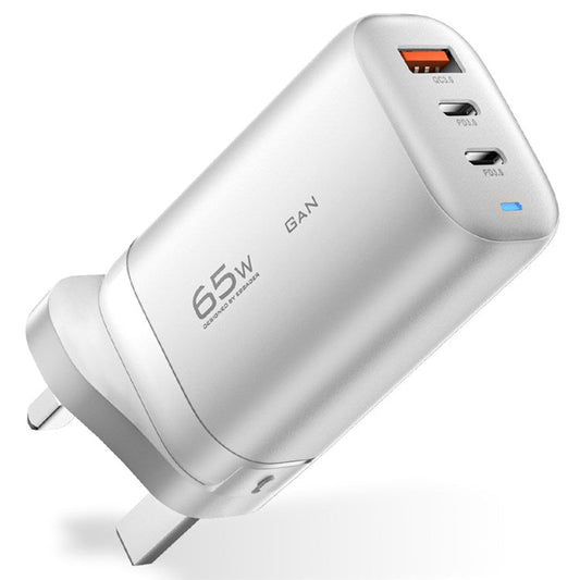 ESSAGER 65W GaN Travel Charging Dock 2 Type-C+1 USB UK Plug Wall Charger [with CE Certificate] - White