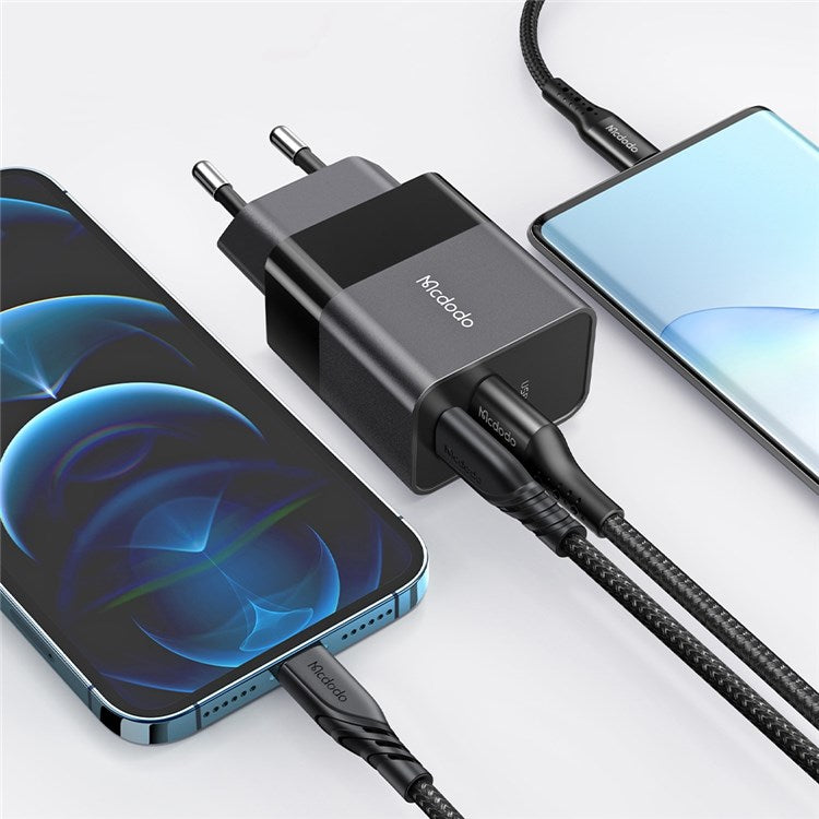 MCDODO MDD Hydrogen Series USB-A + Type-C PD 20W Phone Fast Charging Adapter Wall Charger with Cable - EU Plug/Black