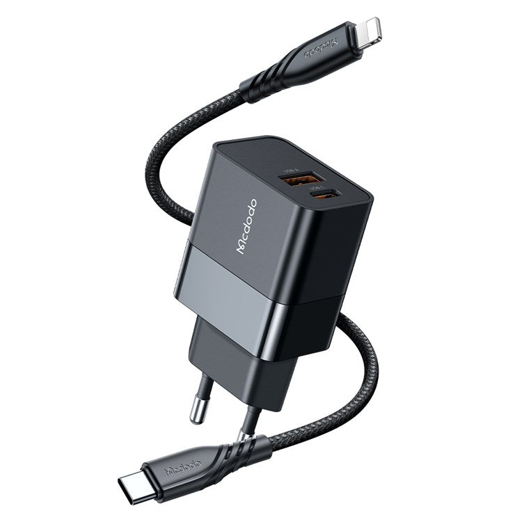 MCDODO MDD Hydrogen Series USB-A + Type-C PD 20W Phone Fast Charging Adapter Wall Charger with Cable - EU Plug/Black