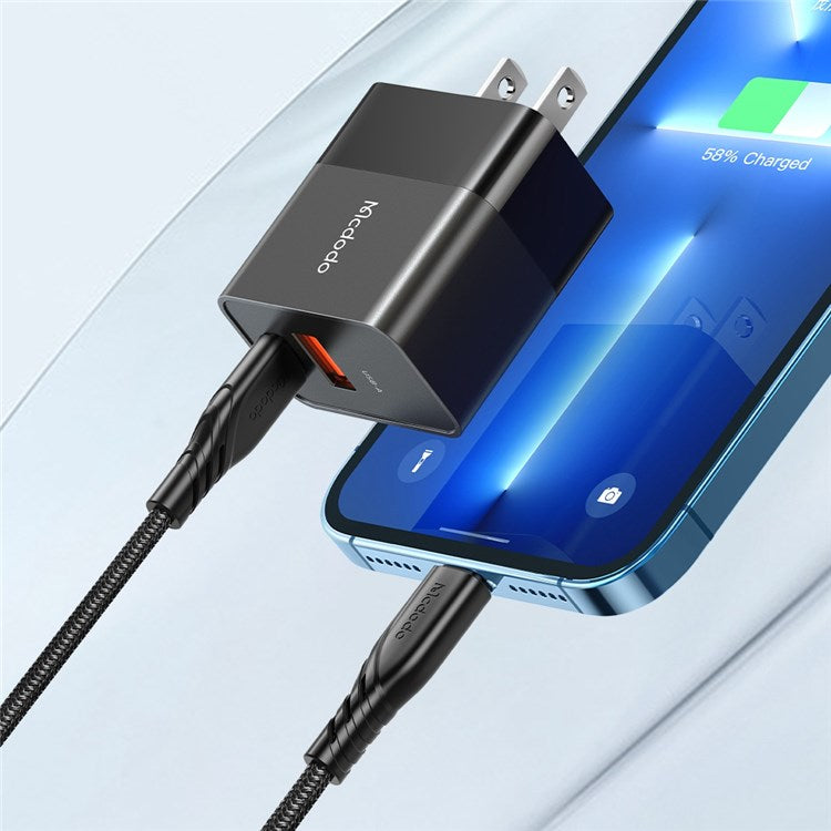 MCDODO MDD Hydrogen Series USB-A + Type-C PD 20W Phone Fast Charging Adapter Wall Charger with Cable - US Plug/Black