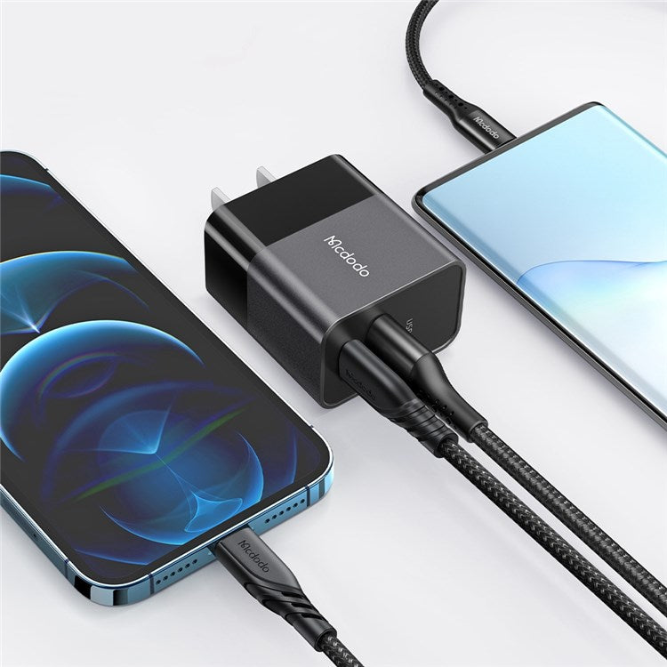 MCDODO MDD Hydrogen Series USB-A + Type-C PD 20W Phone Fast Charging Adapter Wall Charger with Cable - US Plug/Black