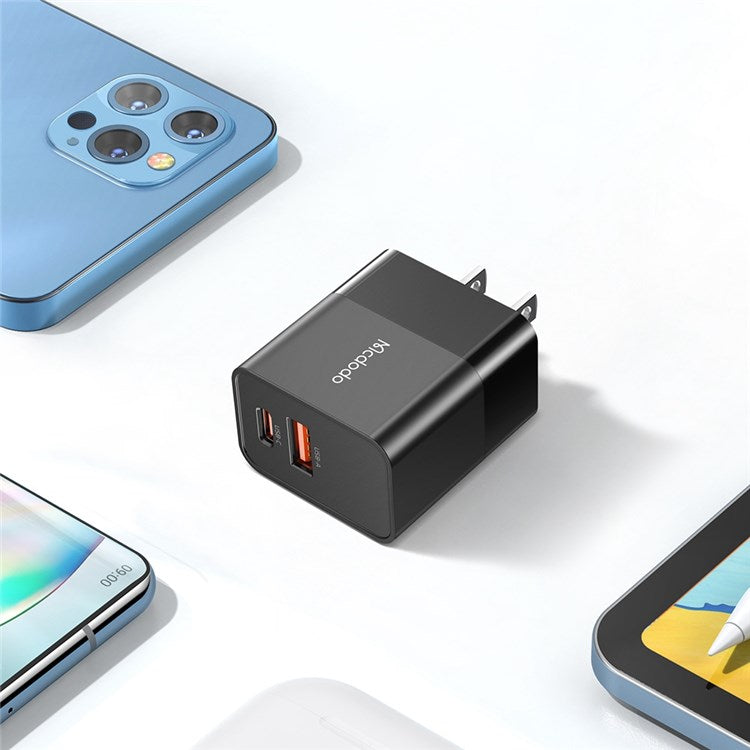 MCDODO MDD Hydrogen Series USB-A + Type-C PD 20W Phone Fast Charging Adapter Wall Charger with Cable - US Plug/Black