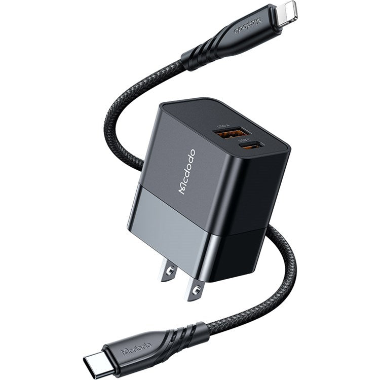 MCDODO MDD Hydrogen Series USB-A + Type-C PD 20W Phone Fast Charging Adapter Wall Charger with Cable - US Plug/Black