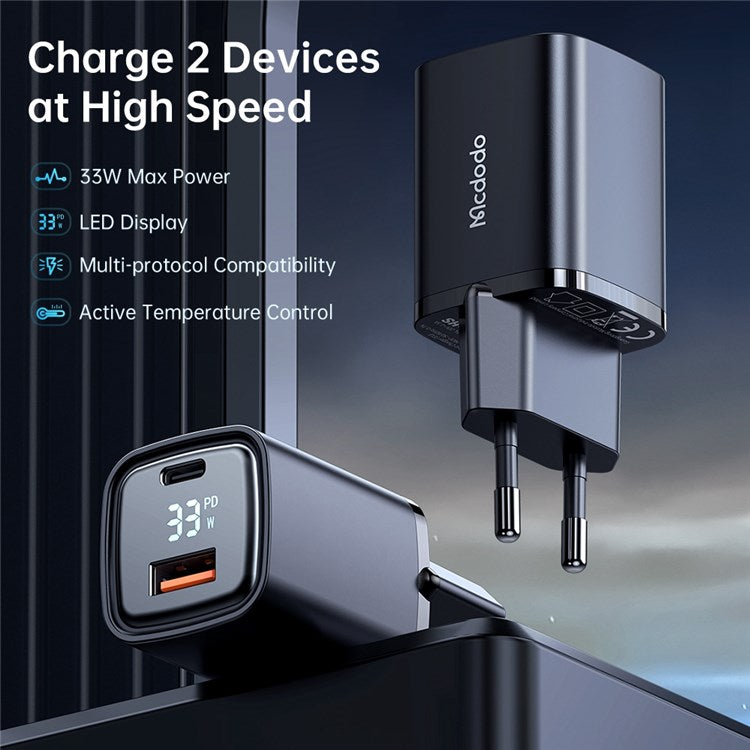 MCDODO Graphite Series 33W USB-A + Type-C Digital Display Dual Port Fast Charging Adapter Wall Charger - EU Plug