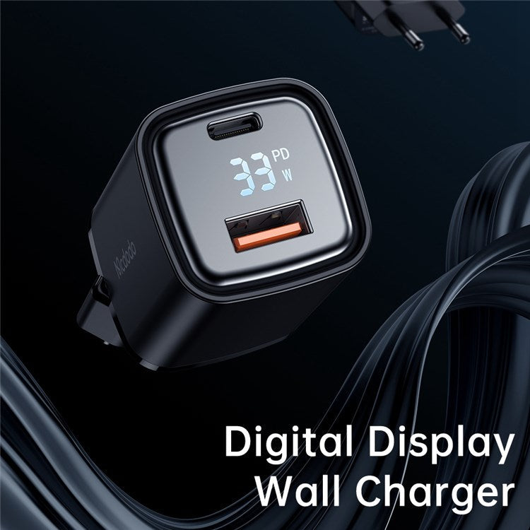 MCDODO Graphite Series 33W USB-A + Type-C Digital Display Dual Port Fast Charging Adapter Wall Charger - EU Plug