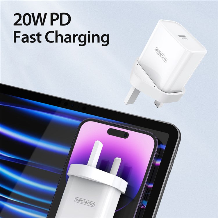 DUZZONA T3 PD 20W Wall Charger Fast Charging Adapter Type-C Single Port Travel Charger, UK Plug