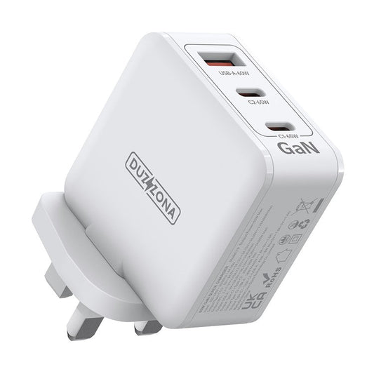 DUZZONA T9 PD 65W GaN Fast Charger 2 USB-C Ports + 1 USB-A Port Laptop Power Adapter Phone Charging Adapter (UKCA// CE / RoHS Certified) - UK Plug