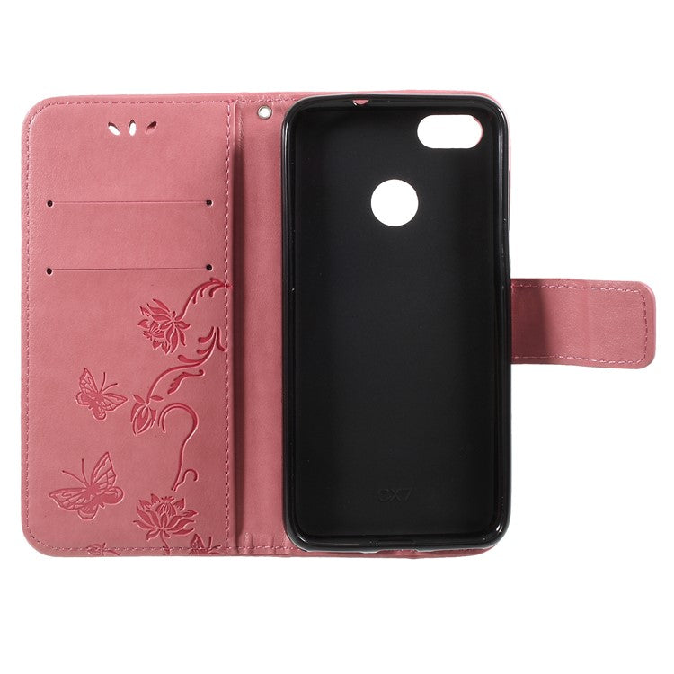 Imprint Butterfly and Flower PU Leather Wallet Phone Case for Huawei Y6 Pro (2017)/Enjoy 7/P9 lite mini - Pink