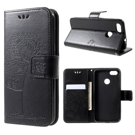 Imprint Tree Owl Leather Wallet Stand Case for Huawei P9 lite mini / Y6 Pro (2017) / Enjoy 7 - Black