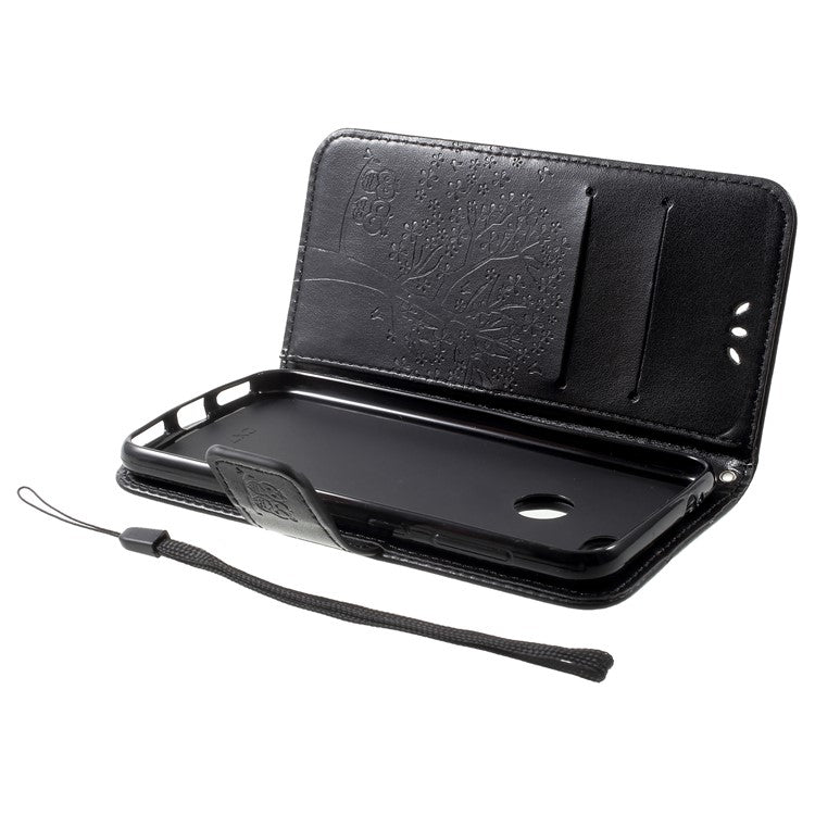 Imprint Tree Owl Leather Wallet Stand Case for Huawei P9 lite mini / Y6 Pro (2017) / Enjoy 7 - Black