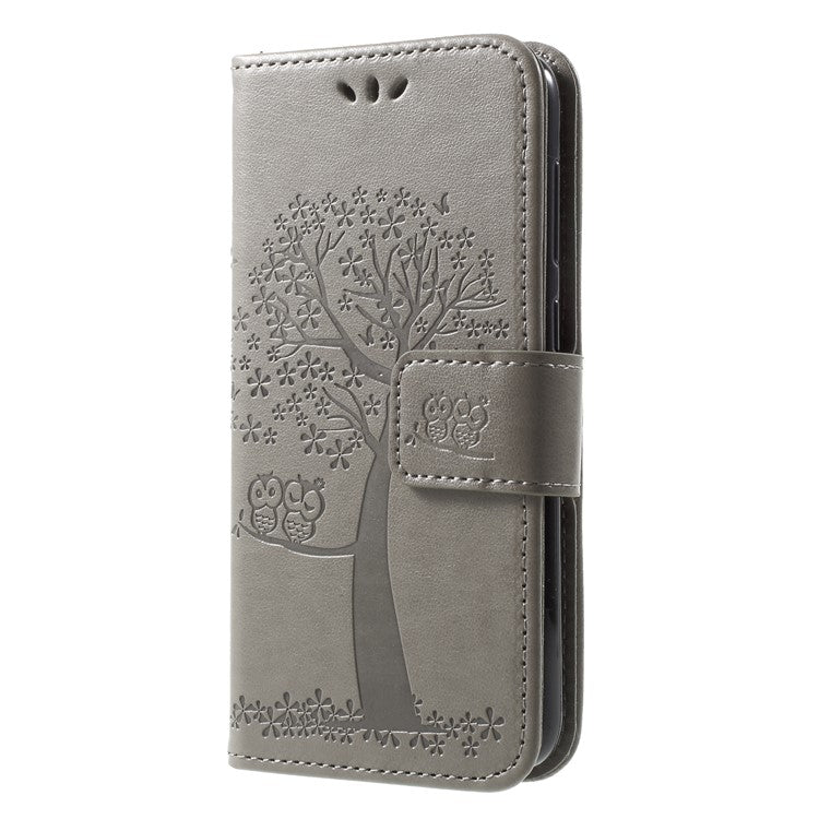 Imprint Tree Owl Leather Wallet Stand Cover for Huawei P9 lite mini / Y6 Pro (2017) / Enjoy 7 - Grey