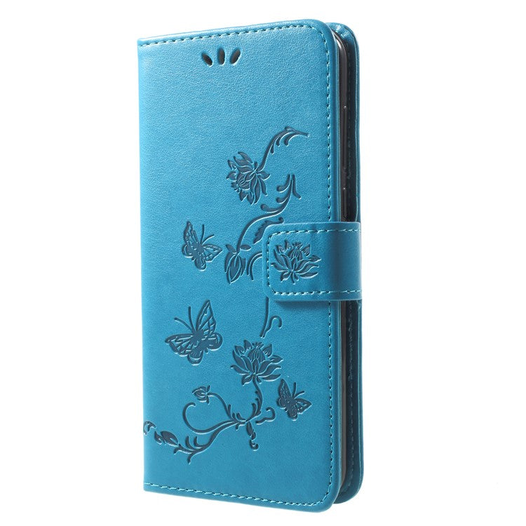Imprint Butterfly Flowers Phone Leather Wallet Case for Huawei Mate 10 Lite / nova 2i / Maimang 6 / Honor 9i (India) - Blue