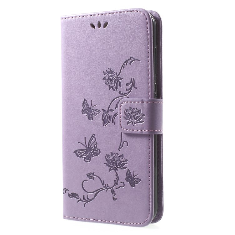 Imprint Butterfly Flowers Leather Wallet Case Shell for Huawei Mate 10 Lite / nova 2i / Maimang 6 / Honor 9i (India) - Purple