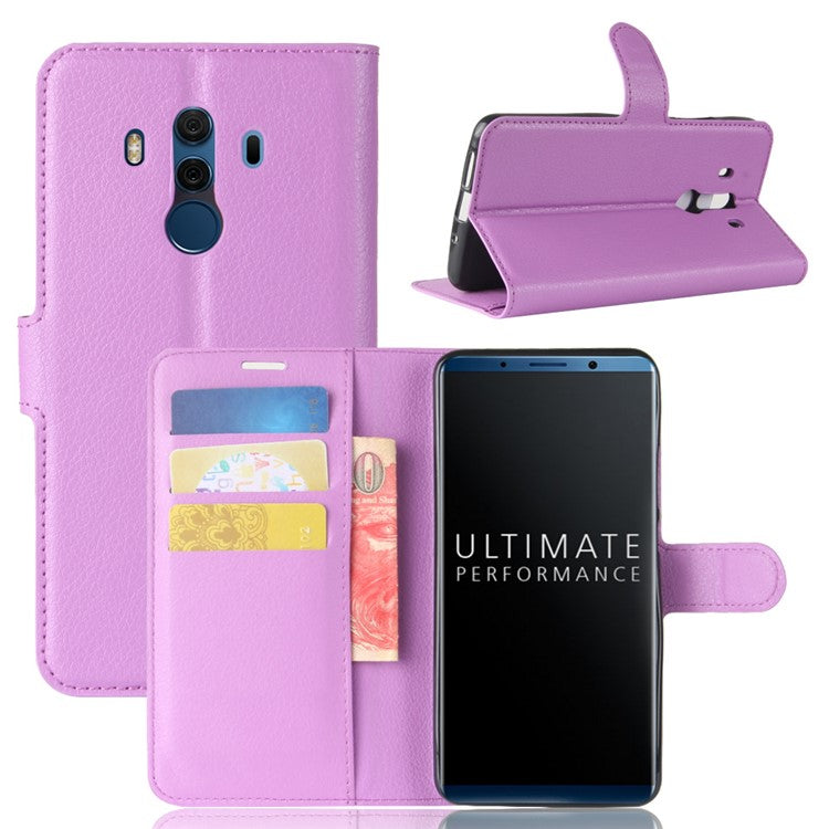 Litchi Skin PU Leather Wallet Stand Cell Phone Cover for Huawei Mate 10 Pro / Mate 10 Pro Porsche Design - Purple