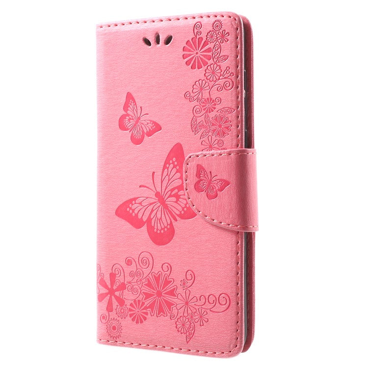 Imprinted Butterfly Flowers Magnetic Leather Wallet Case for Huawei Mate 10 Lite / nova 2i / Maimang 6 / Honor 9i (India) - Pink